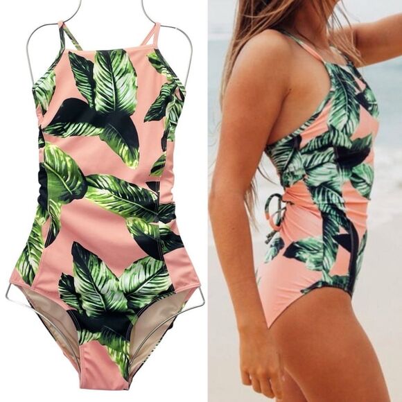 Albion Waikiki One Piece Swimsuit Pink Green Leaf Print Lace Up Back Size Medium - Picture 14 of 14